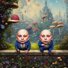 Blue-suited animated babies on mushrooms in colorful fantasy forest