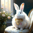 White Rabbit with Blue Eyes on Ornate Chair Beside Window and Roses