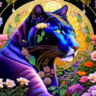 Majestic purple panther with floral adornments on golden backdrop