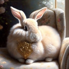 Illustrated rabbit with zipper on back on floral-patterned chair by window.