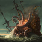 Giant Octopus Attacking Ships in Stormy Seas