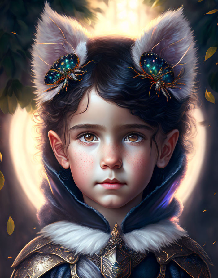 Child portrait in fur coat and cat-ear headband against foliage background