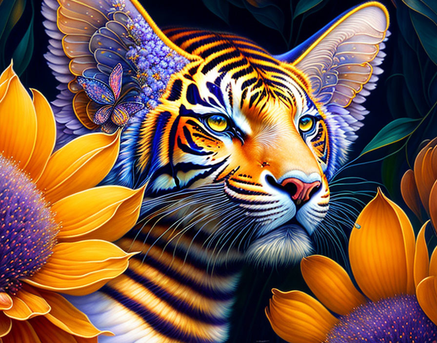 Colorful Tiger Digital Art with Flowers and Butterfly