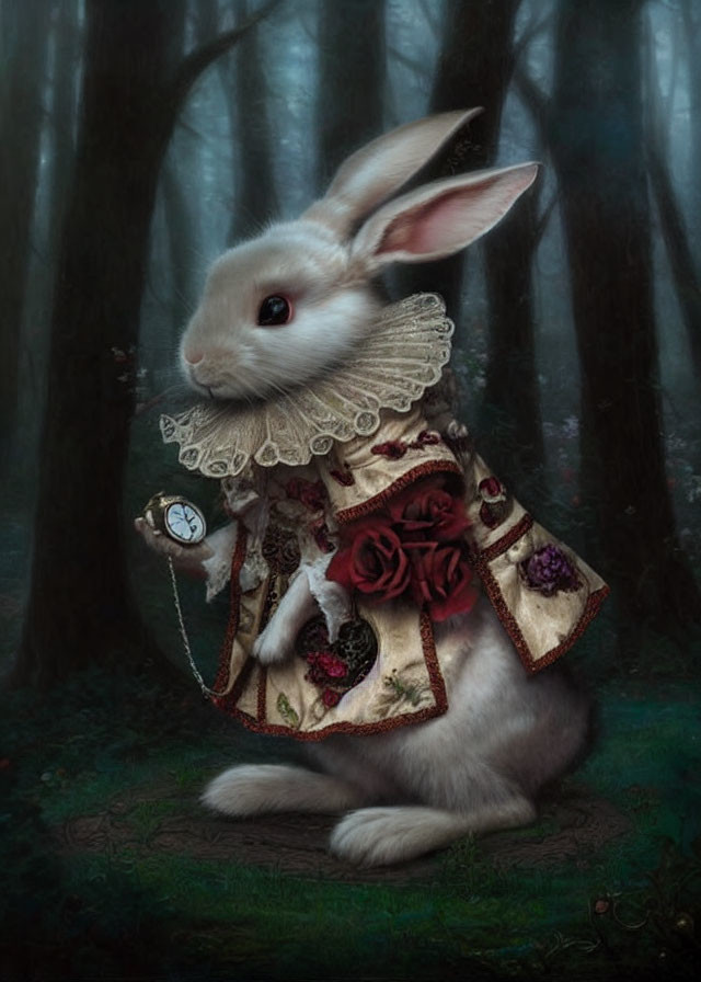 Elaborately dressed rabbit in forest with pocket watch