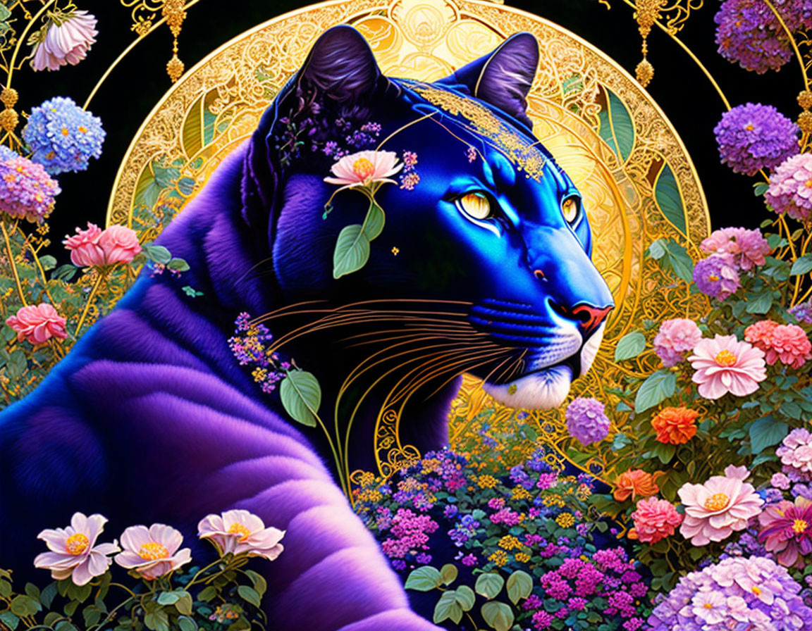 Majestic purple panther with floral adornments on golden backdrop