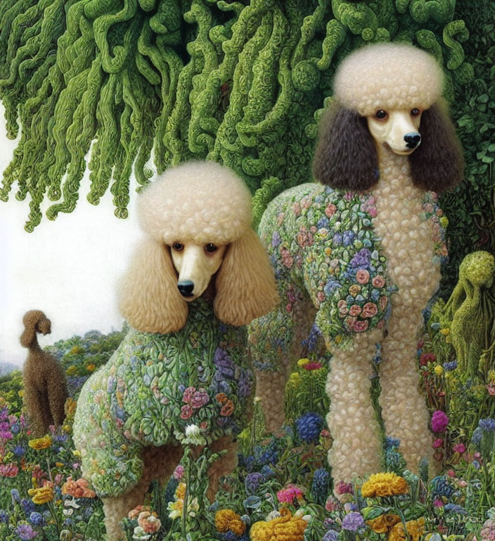 Floral-patterned poodles in vibrant garden with colorful flowers