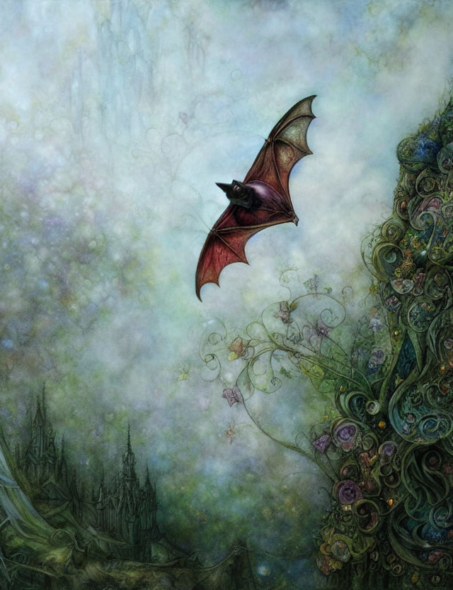 Stylized artwork of bat with red-tipped wings near whimsical tower