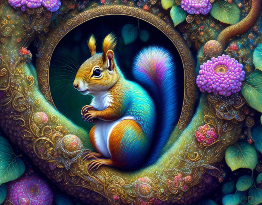 Colorful illustration of iridescent fur squirrel in whimsical flora enclave