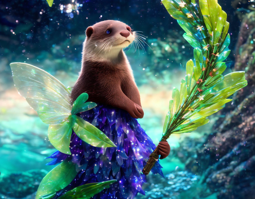 Otter with fairy wings on purple flower with crystal wand