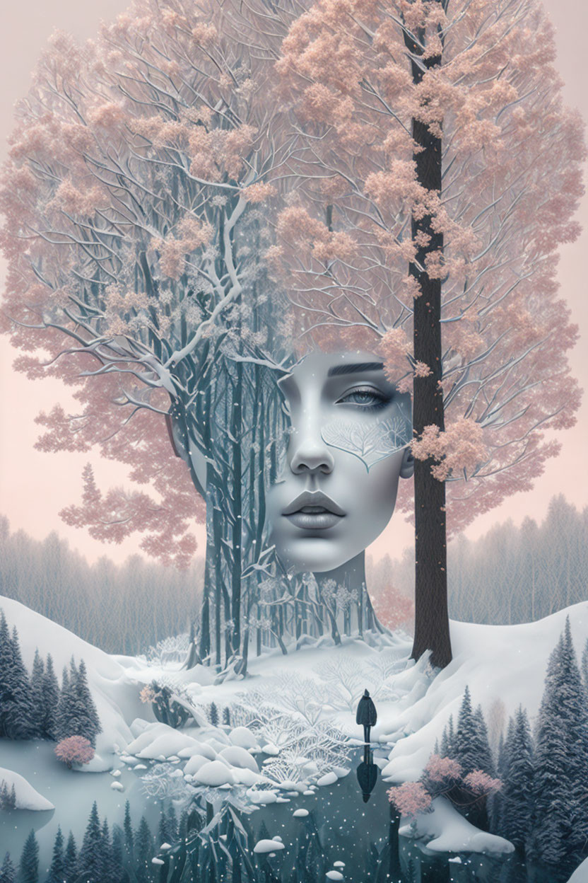 Surreal winter landscape with woman's face merging into tree