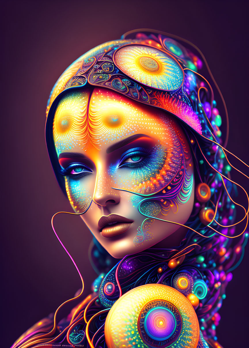 Colorful digital artwork of a woman with intricate patterns on face and headscarf.