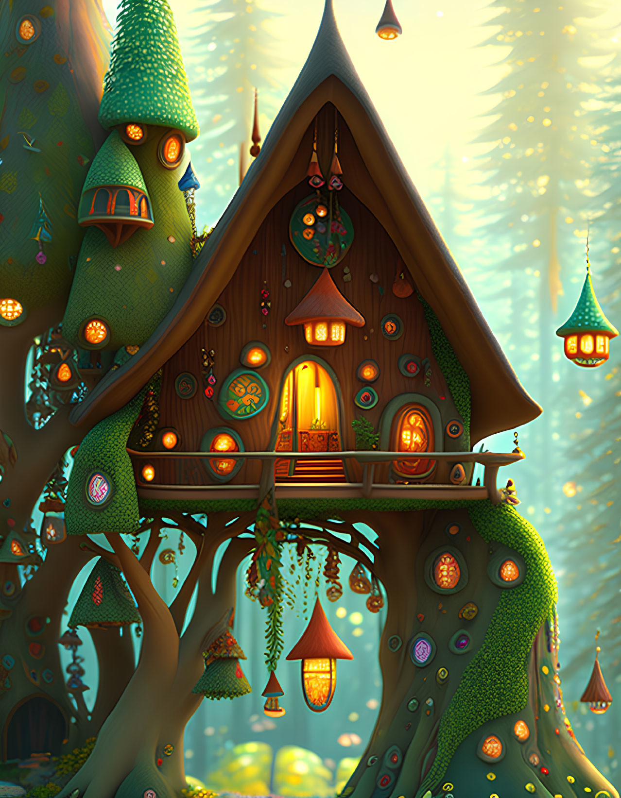 Whimsical treehouse nestled in magical forest