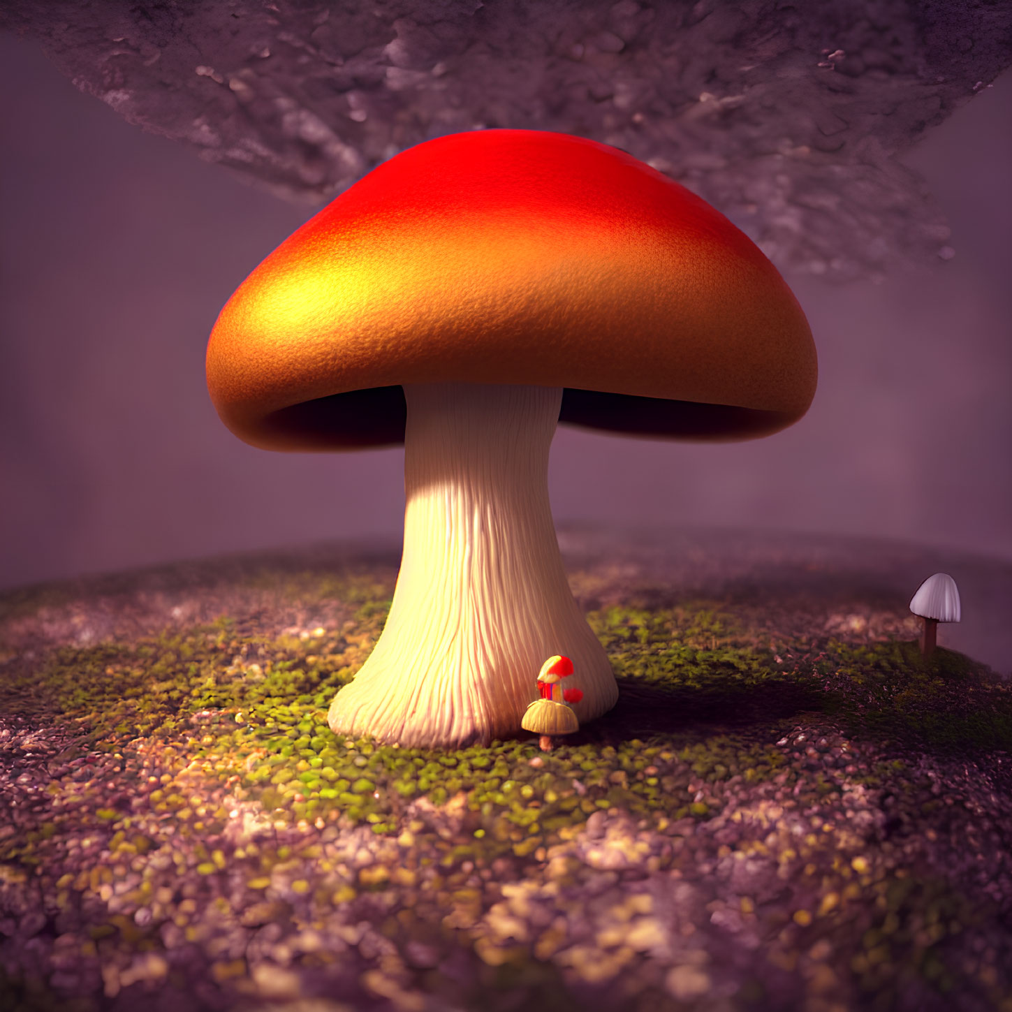 Colorful 3D illustration: Oversized mushroom in miniature mossy landscape