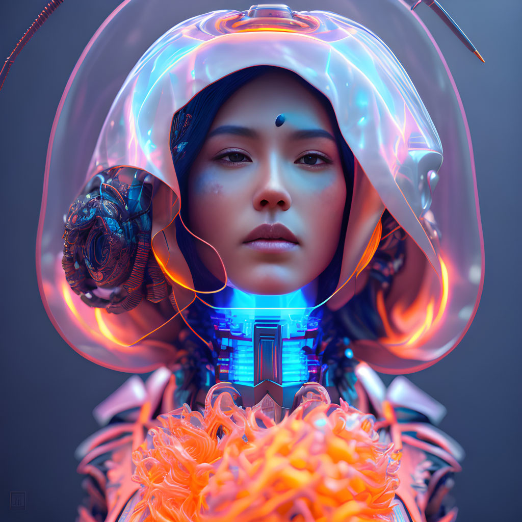 Futuristic woman portrait with elaborate helmet and mechanical suit in vibrant blue and orange colors