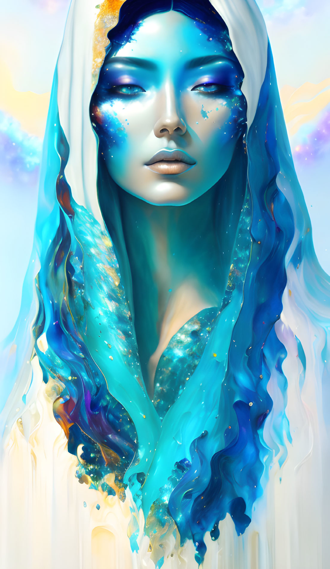 Blue-skinned woman in cosmic attire with white garment and blue-gold details