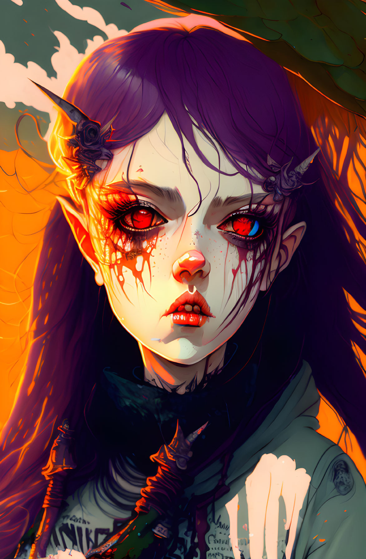 Fantasy character with purple hair, red eyes, pointed ears, and decorative horns in warm, fiery