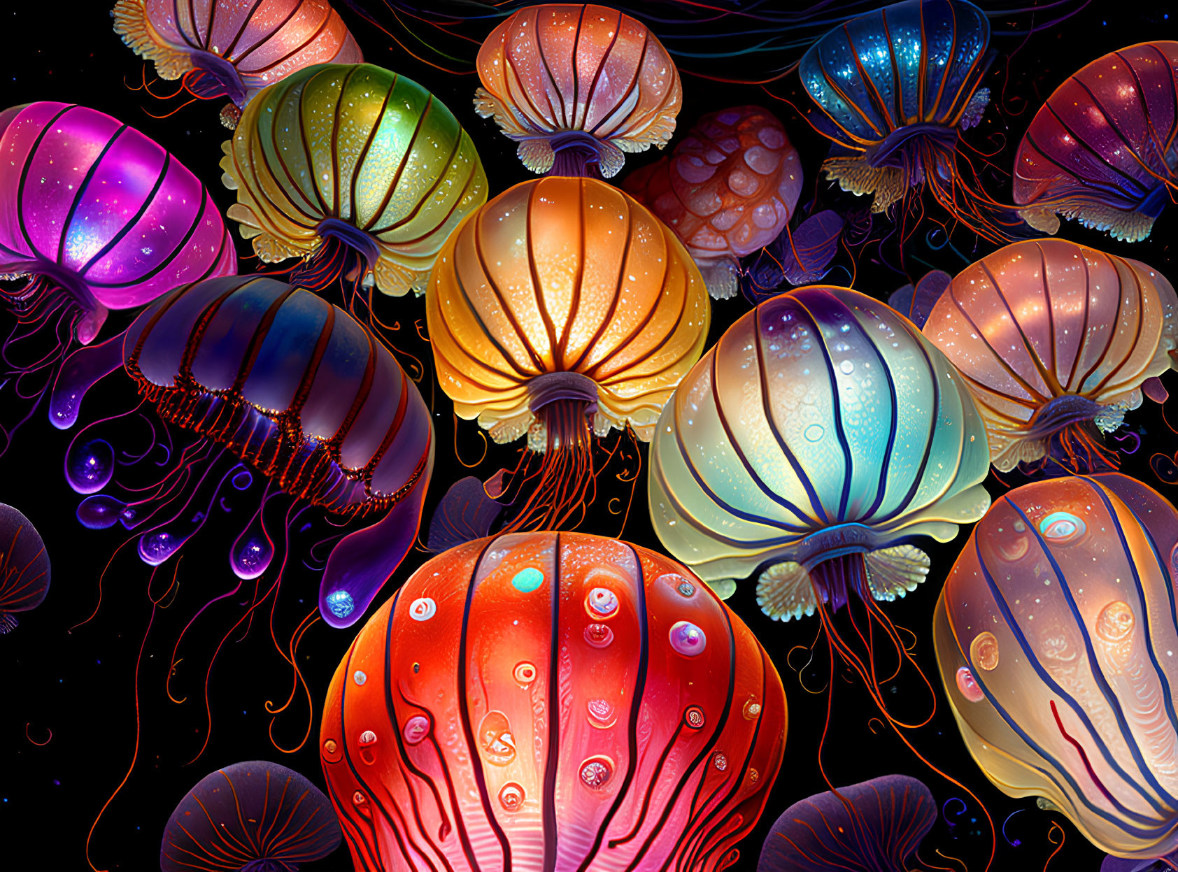 Colorful Jellyfish with Intricate Patterns in Dark Oceanic Setting