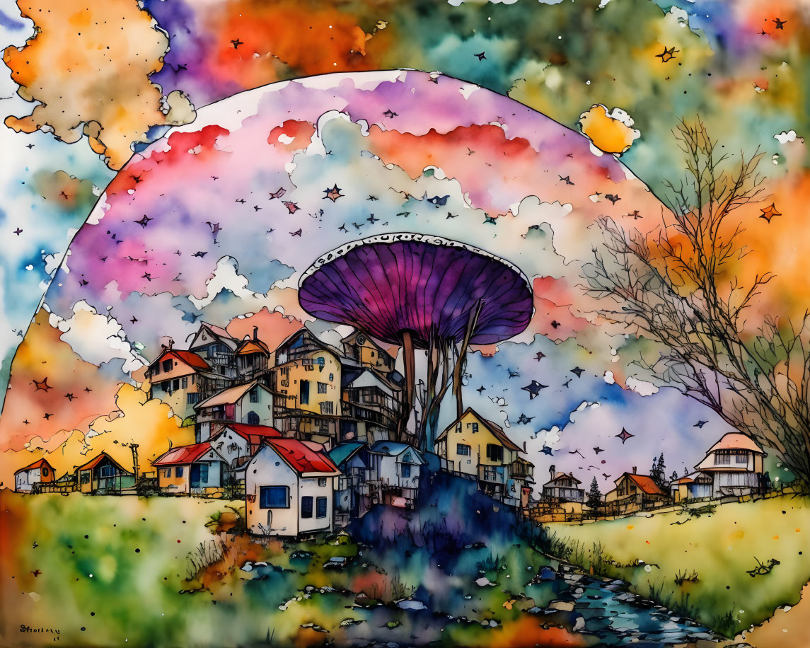 Whimsical village watercolor painting with giant mushroom houses under sunset sky