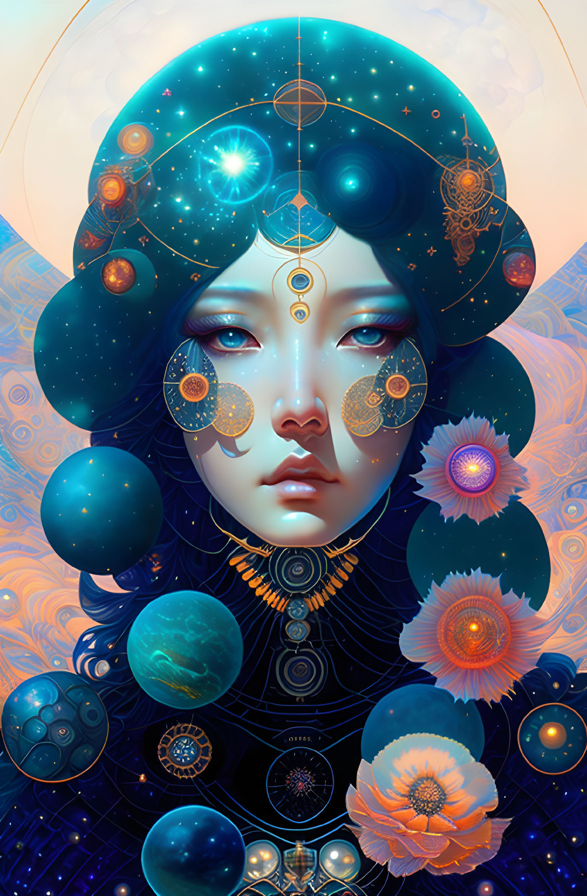 Celestial-themed surreal portrait with cosmic orbs on golden-blue backdrop