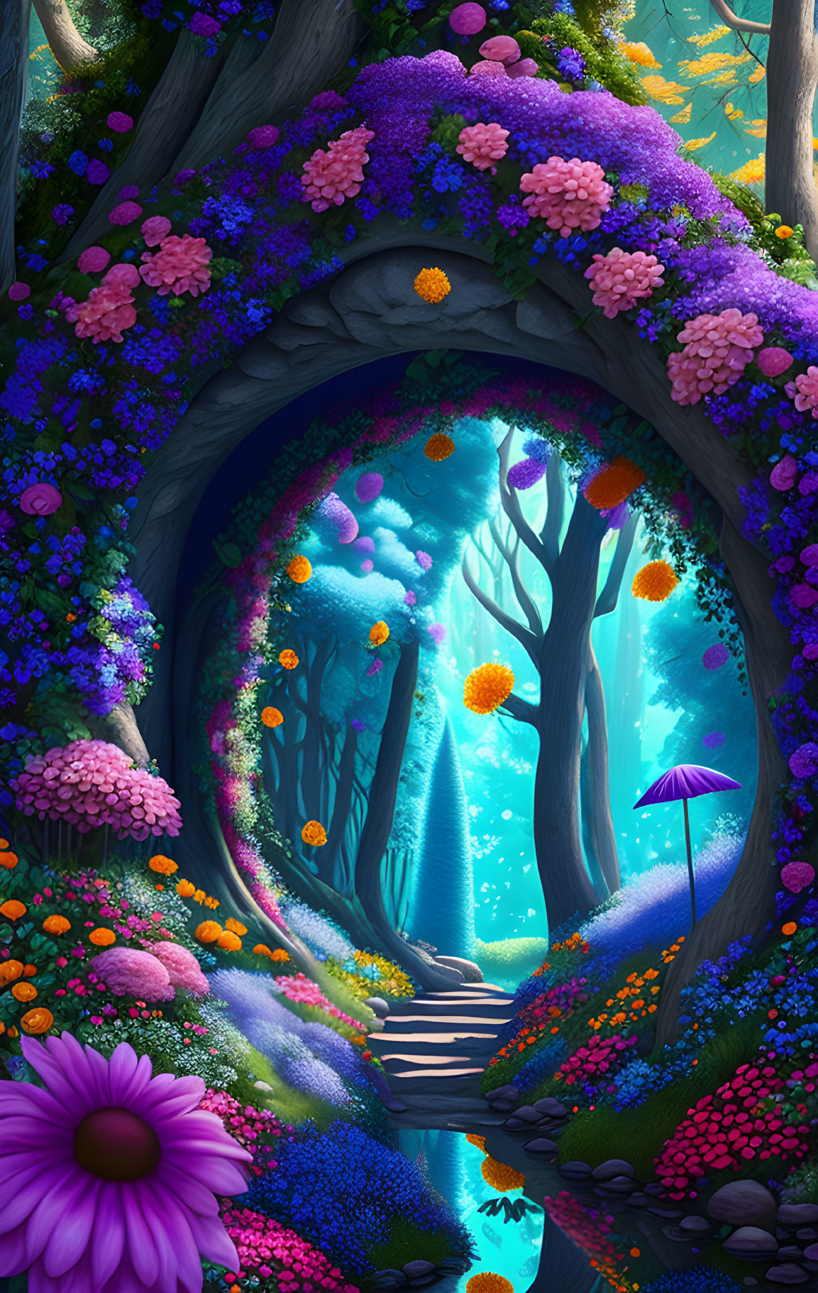 Colorful Fantasy Forest with Floral Archway and Glowing Pathway