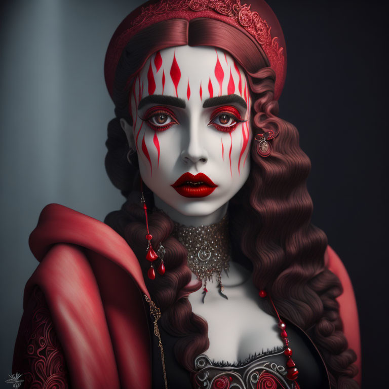 Gothic Portrait of Woman with Striking Red and White Makeup