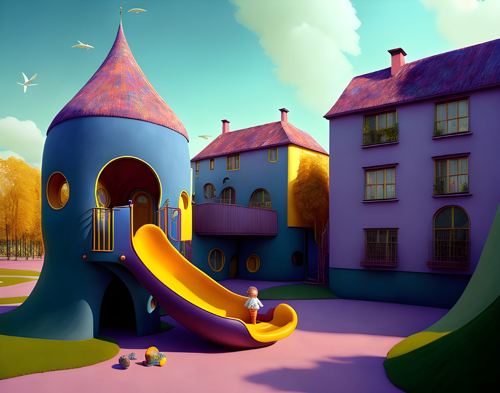 Child playing at colorful slide in whimsical cartoon neighborhood