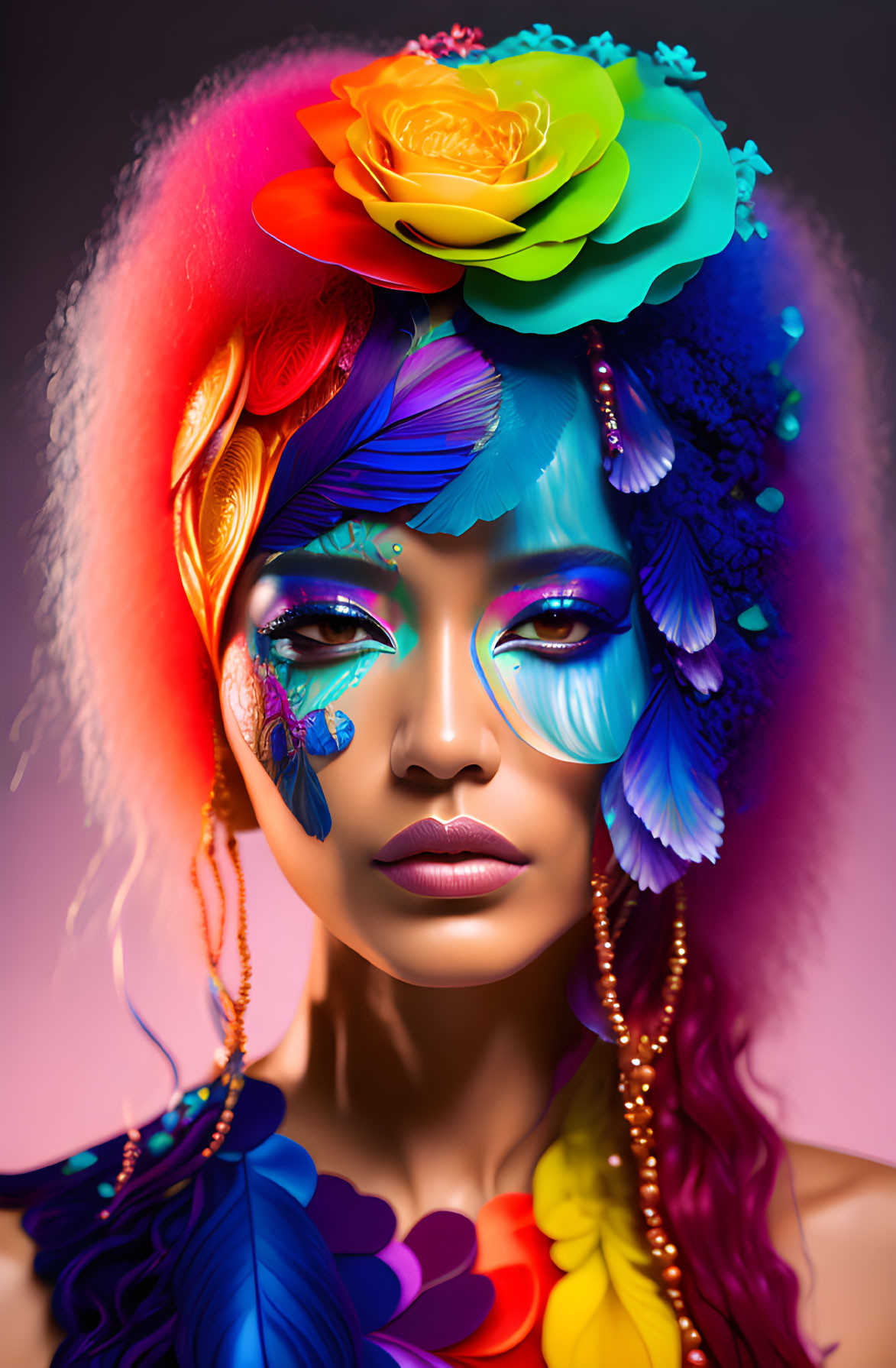 Colorful portrait of a woman with rainbow hair, flowers, feathers, and beads