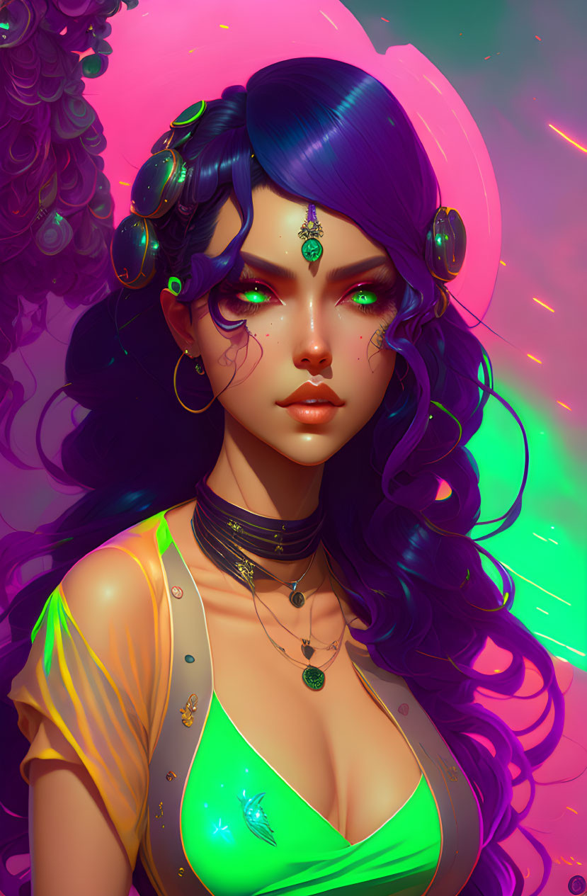 Colorful digital artwork of a woman with green eyes, purple hair, and headphones.