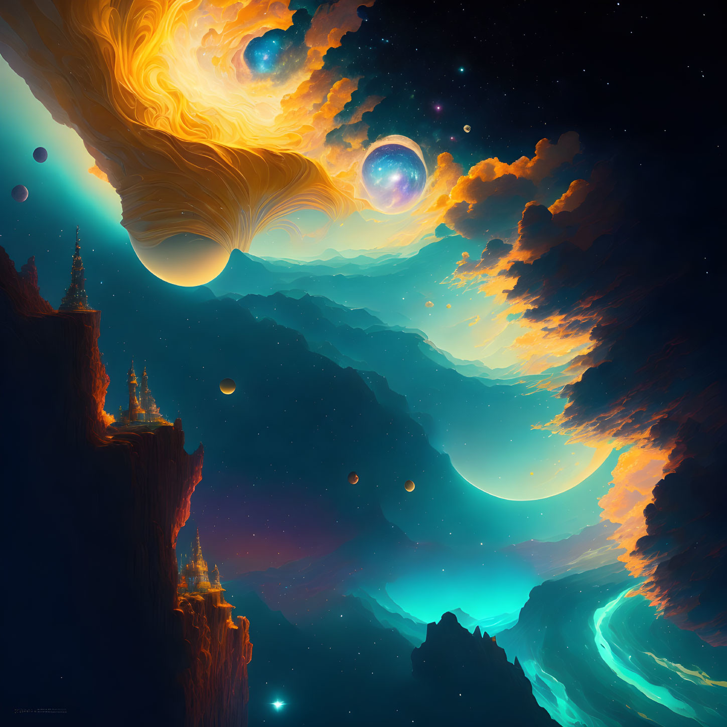 Vibrant orange and blue cosmic landscape with celestial bodies and nebulas