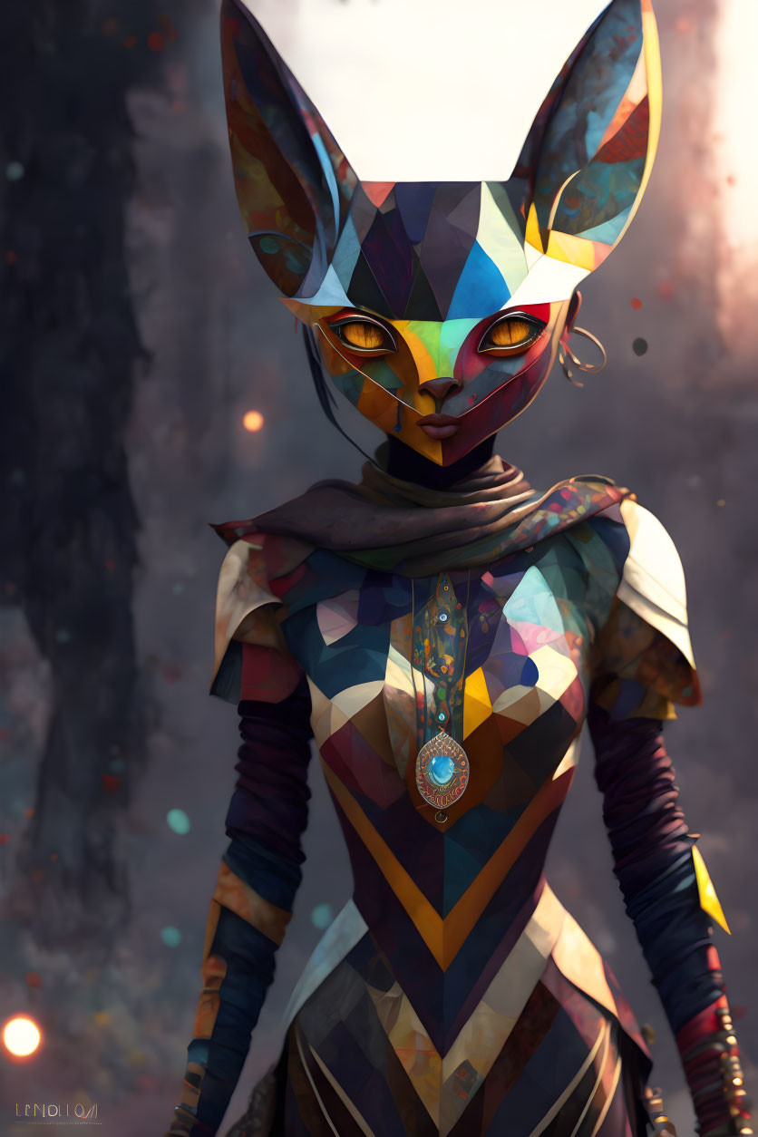 Colorful geometric-patterned humanoid feline in mystical forest setting