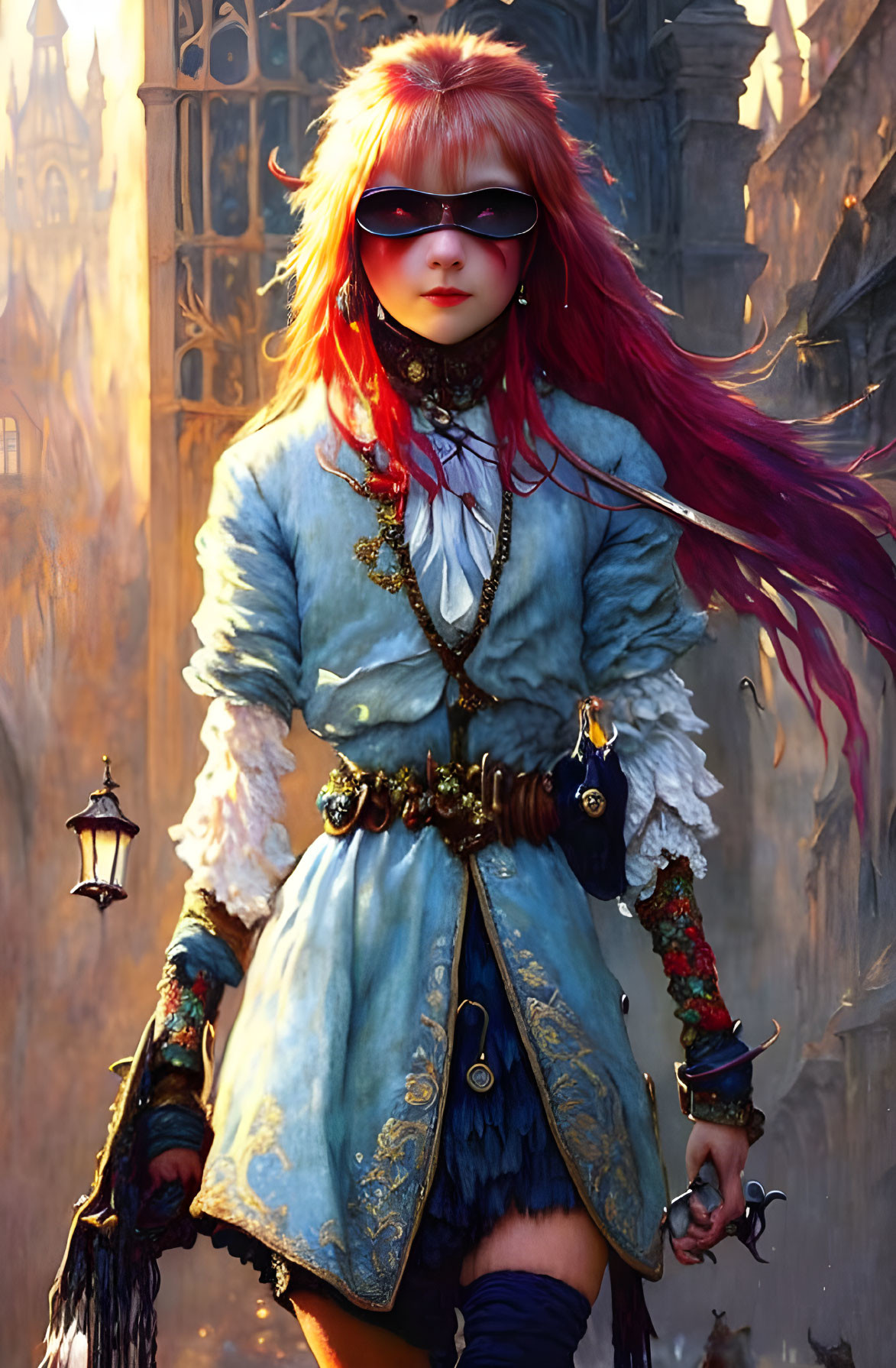 Vibrant red-haired character in futuristic sunglasses and blue jacket against gothic backdrop