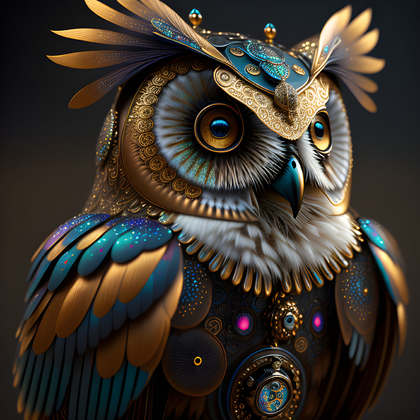 Stylized owl with golden patterns and blue accents