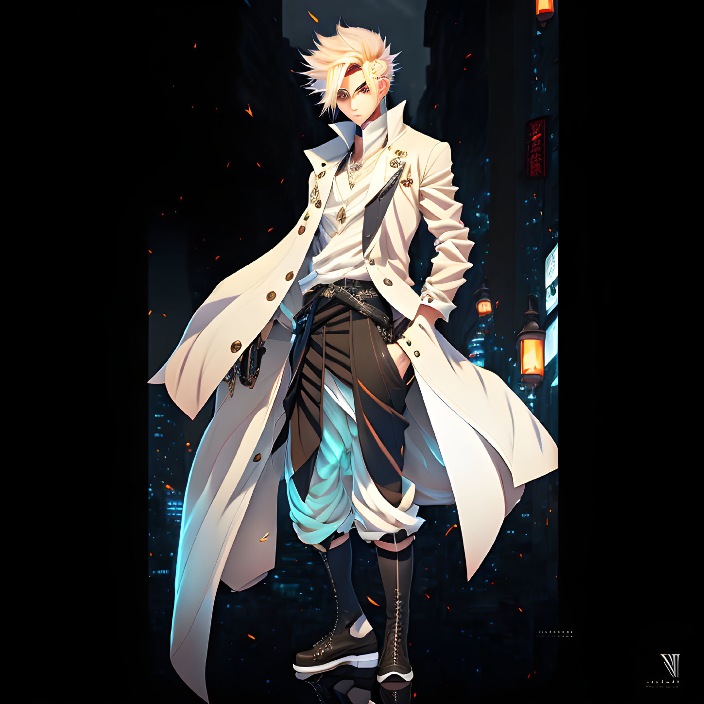 Illustrated character with spiky blond hair in white coat against neon-lit backdrop