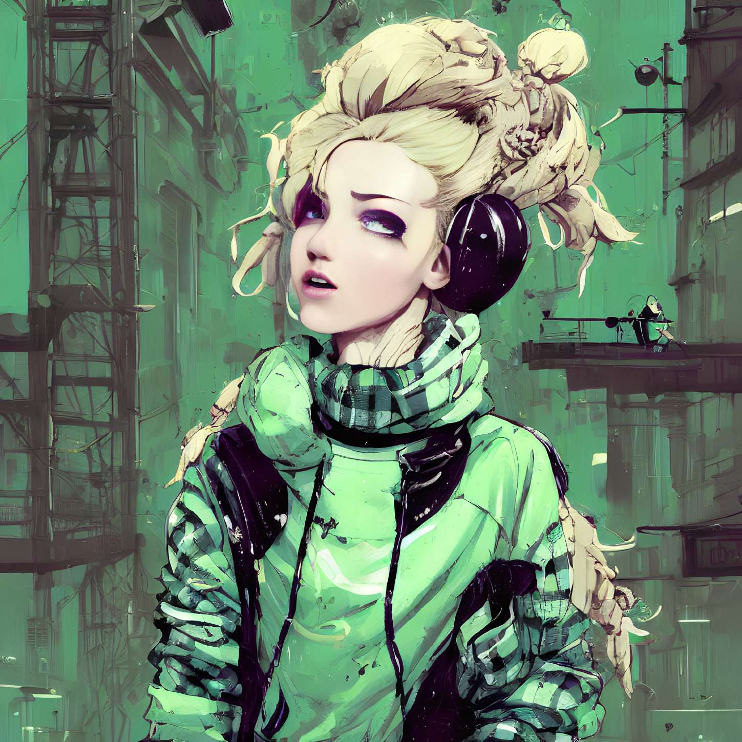 Blond-Haired Woman in Headphones Against Industrial Green Backdrop