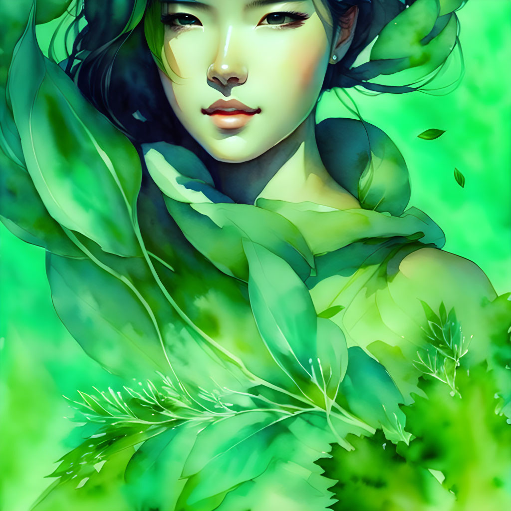 Detailed illustration of woman in lush green foliage