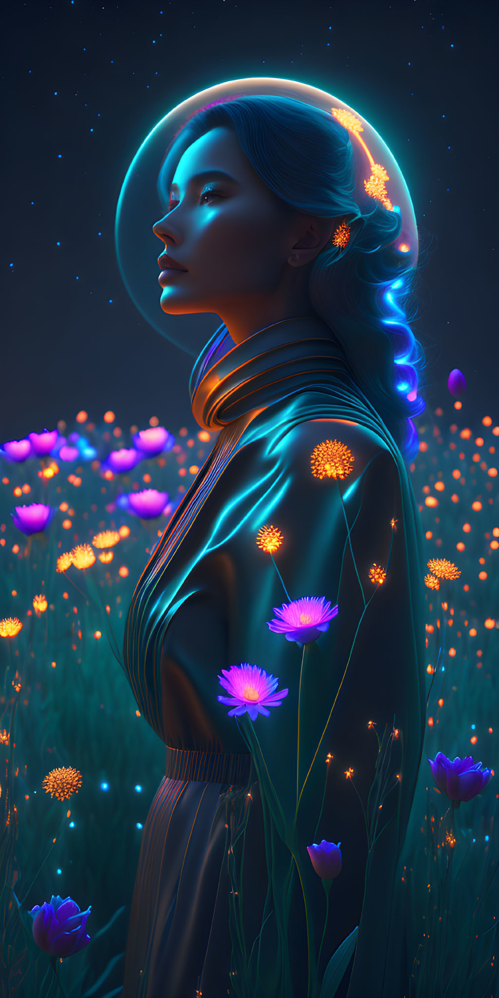 Digital artwork: Woman with glowing blue hair and neon halo in luminescent flower field under starry