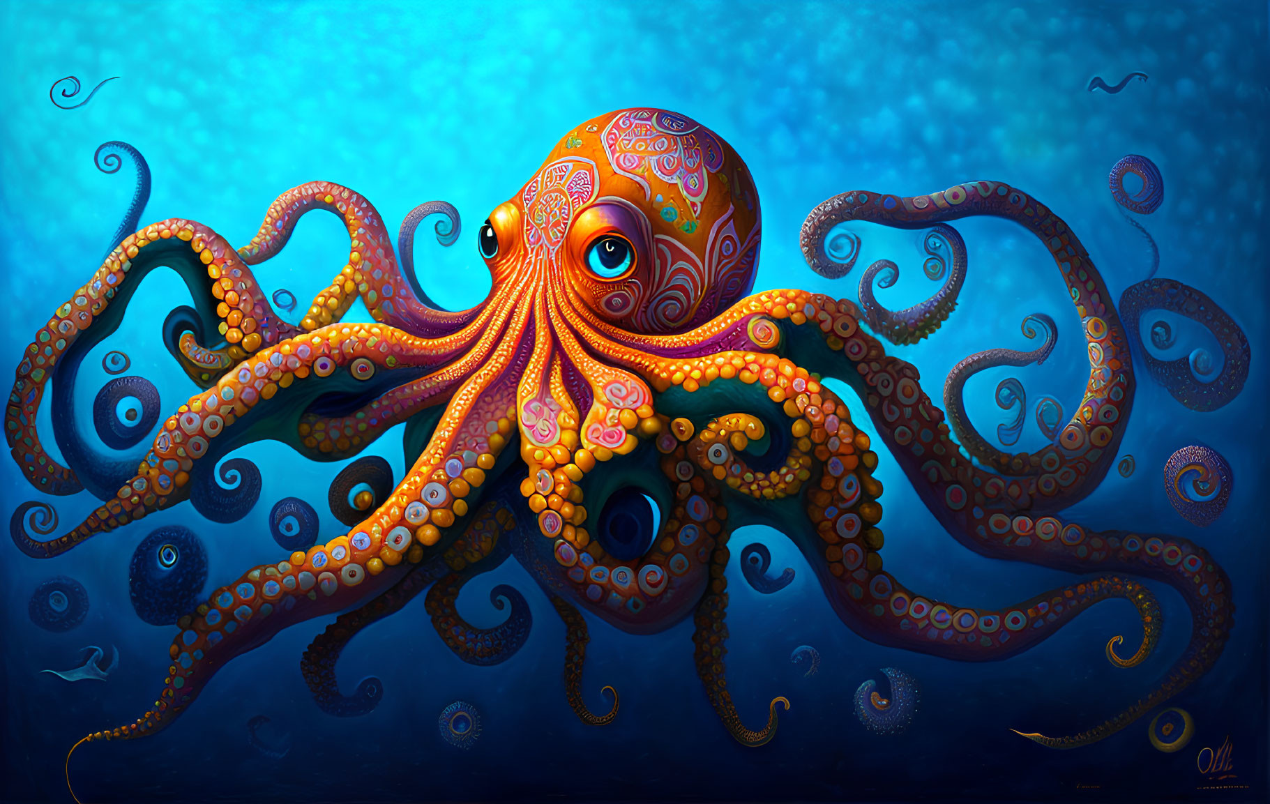 Colorful octopus illustration with intricate patterns in deep blue ocean