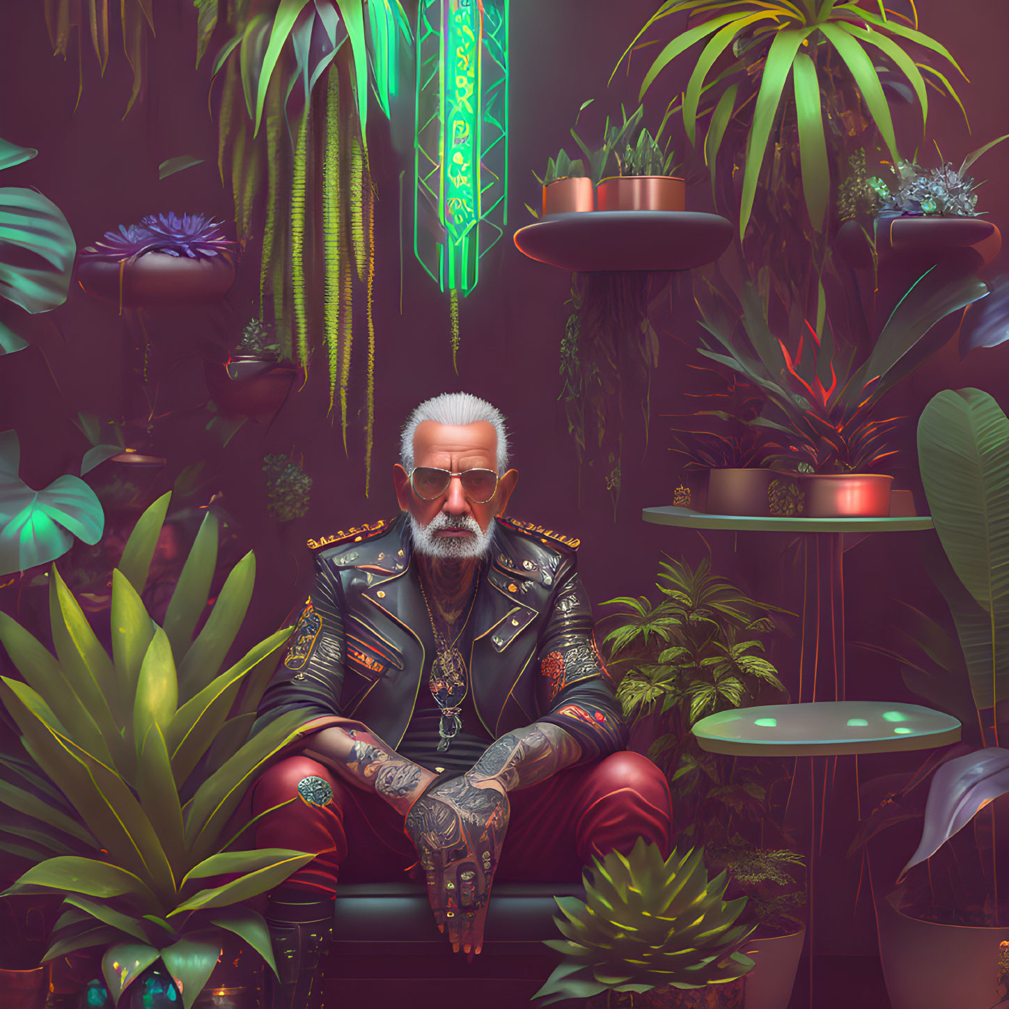 Elderly Man with White Beard Surrounded by Houseplants and Accessories