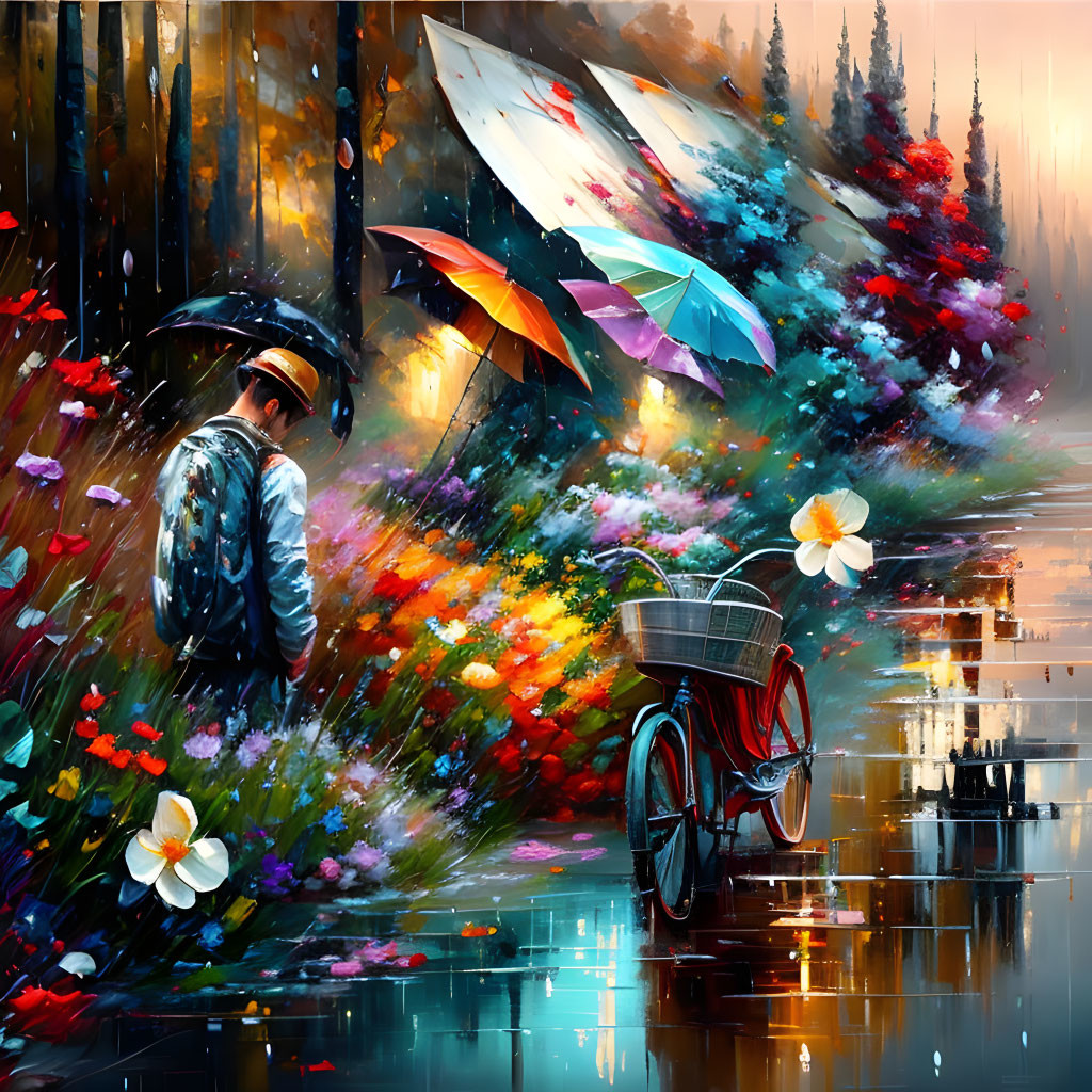 Colorful painting of person under umbrella, bicycle, and flower-filled landscape.