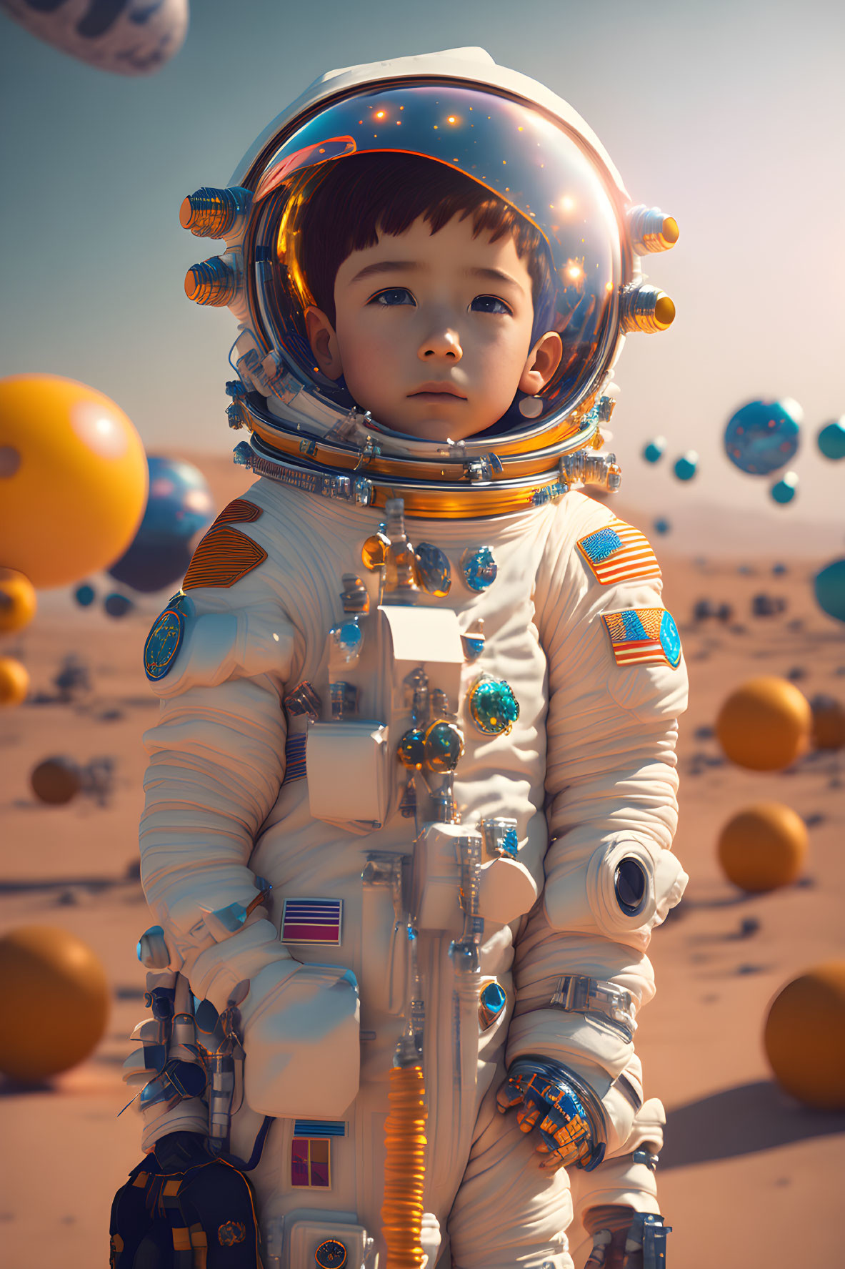 Child astronaut in detailed space suit on desert-like surface surrounded by floating spheres