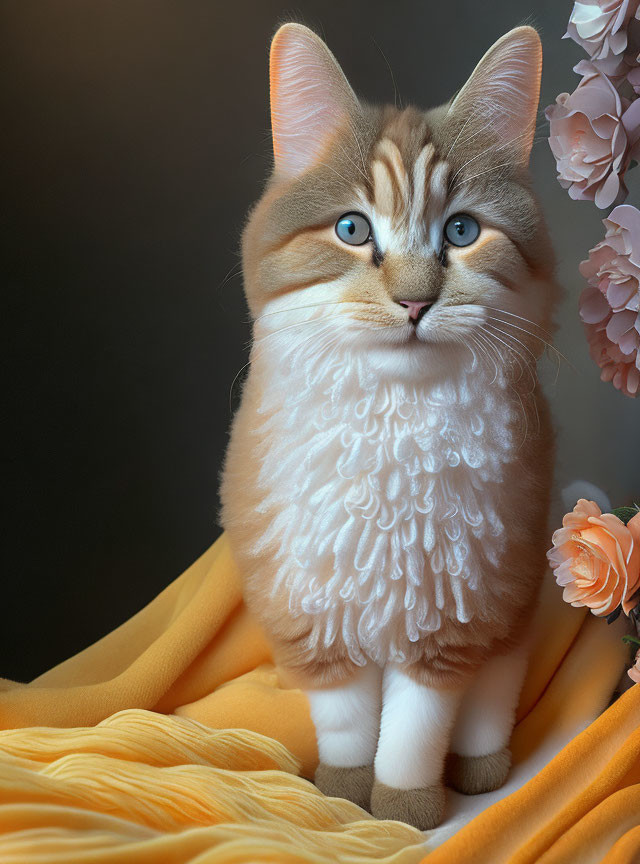 Fluffy Cat with Blue Eyes Beside Peach Flowers