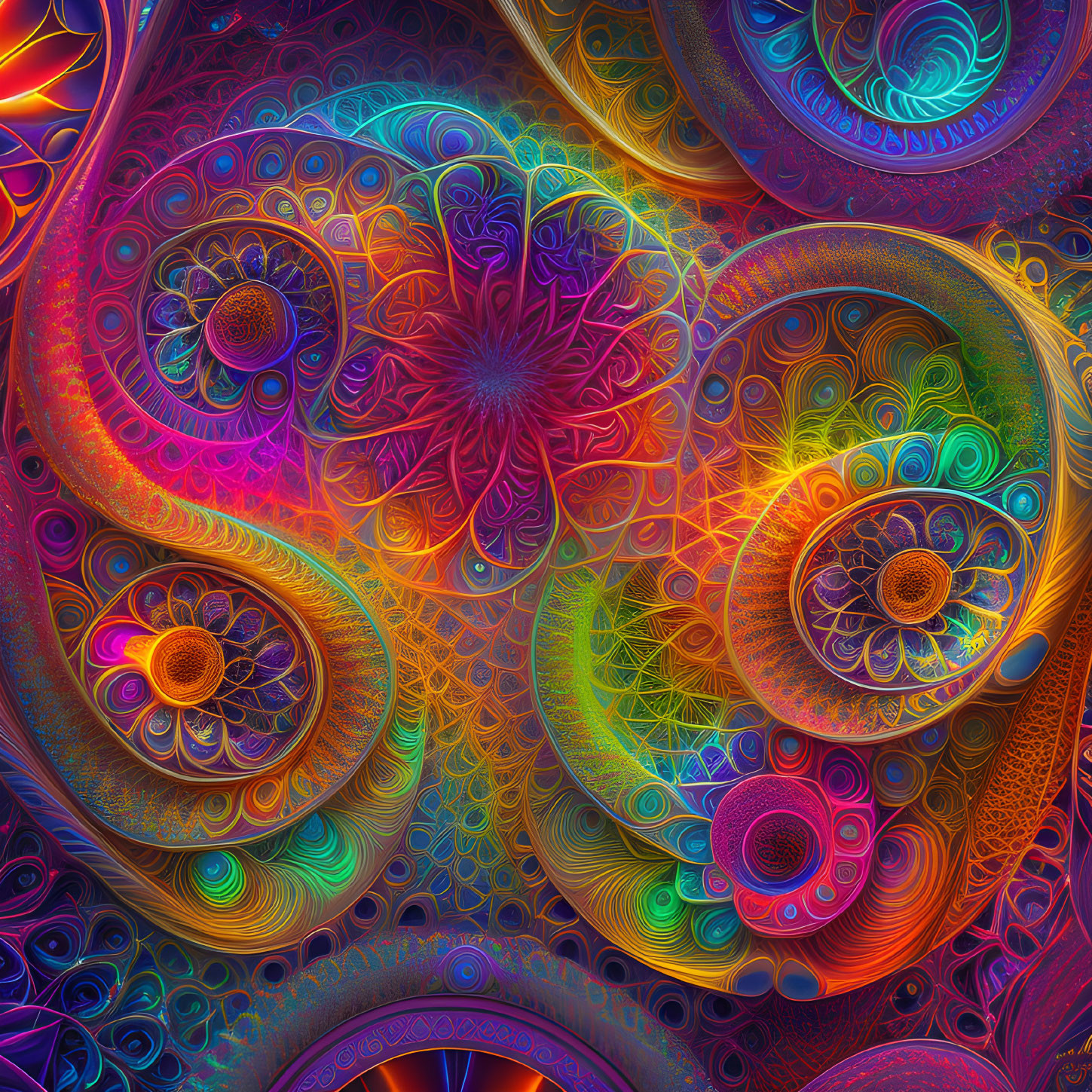 Colorful Abstract Fractal Art: Swirling Patterns, Neon Colors, Floral & Geometric Shapes