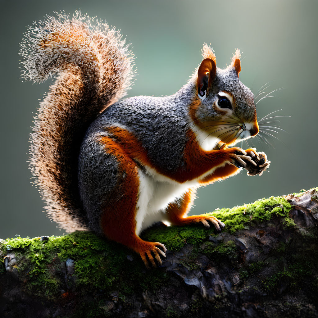 Squirrel holding nut on mossy branch with curled tail in soft-focus background