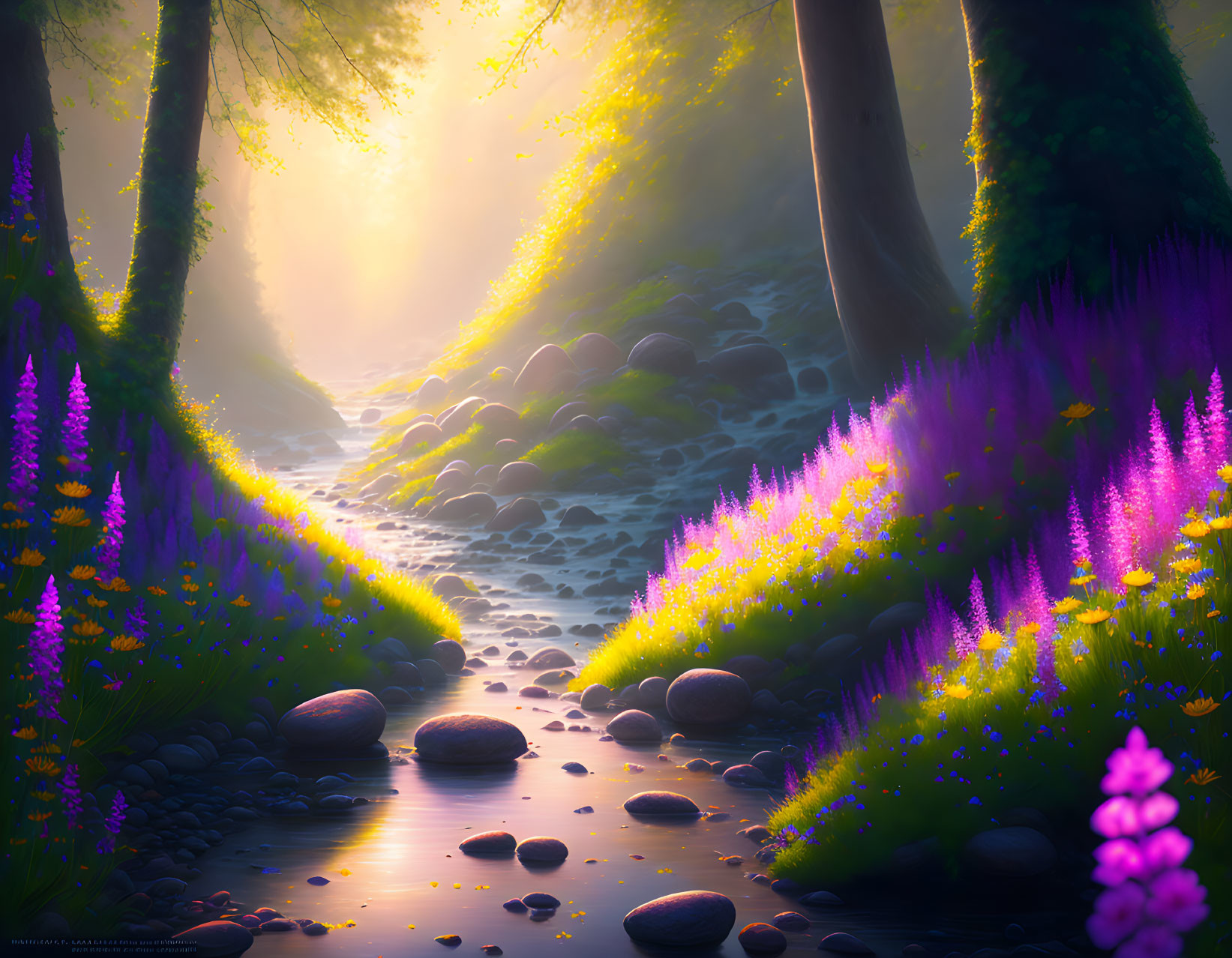 Tranquil forest scene with stream, purple flowers, sunbeams, and pebble path