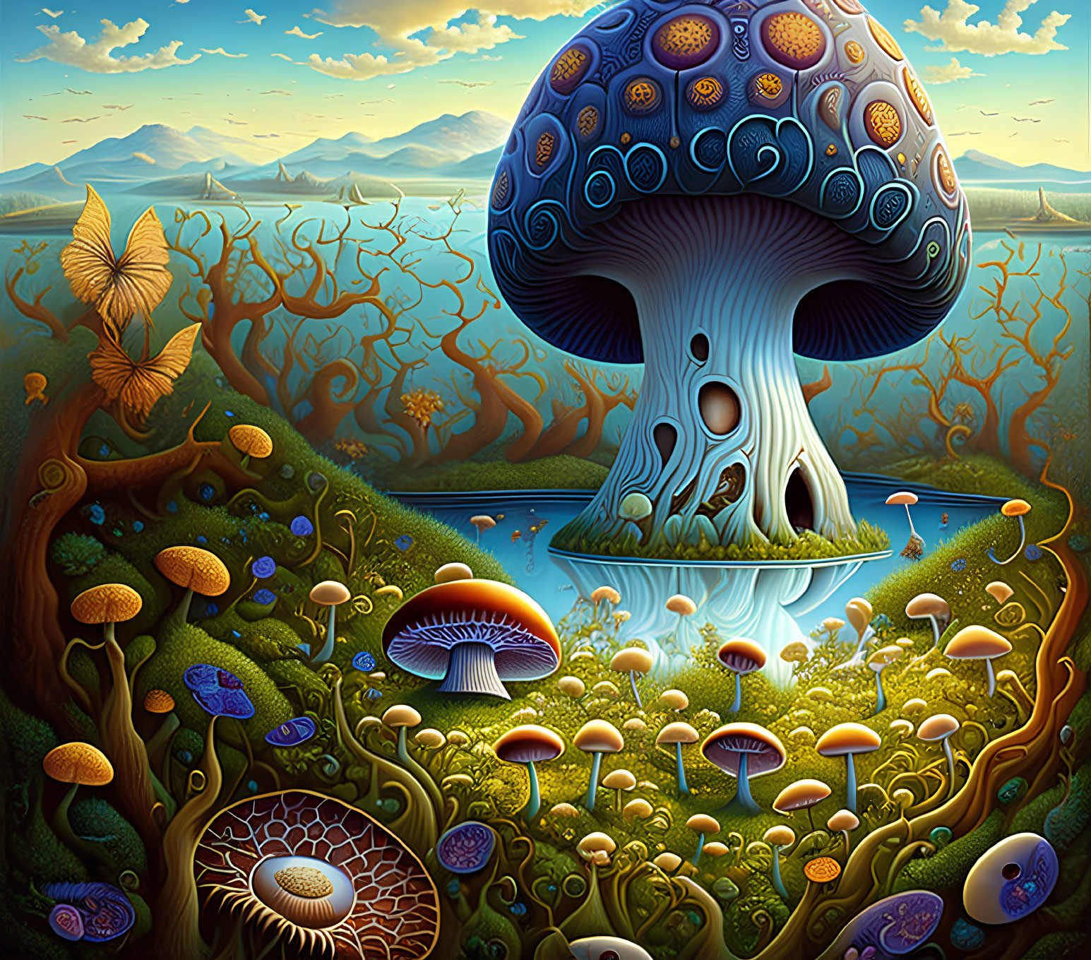 Surreal landscape with oversized mushroom, butterfly, and serene pond