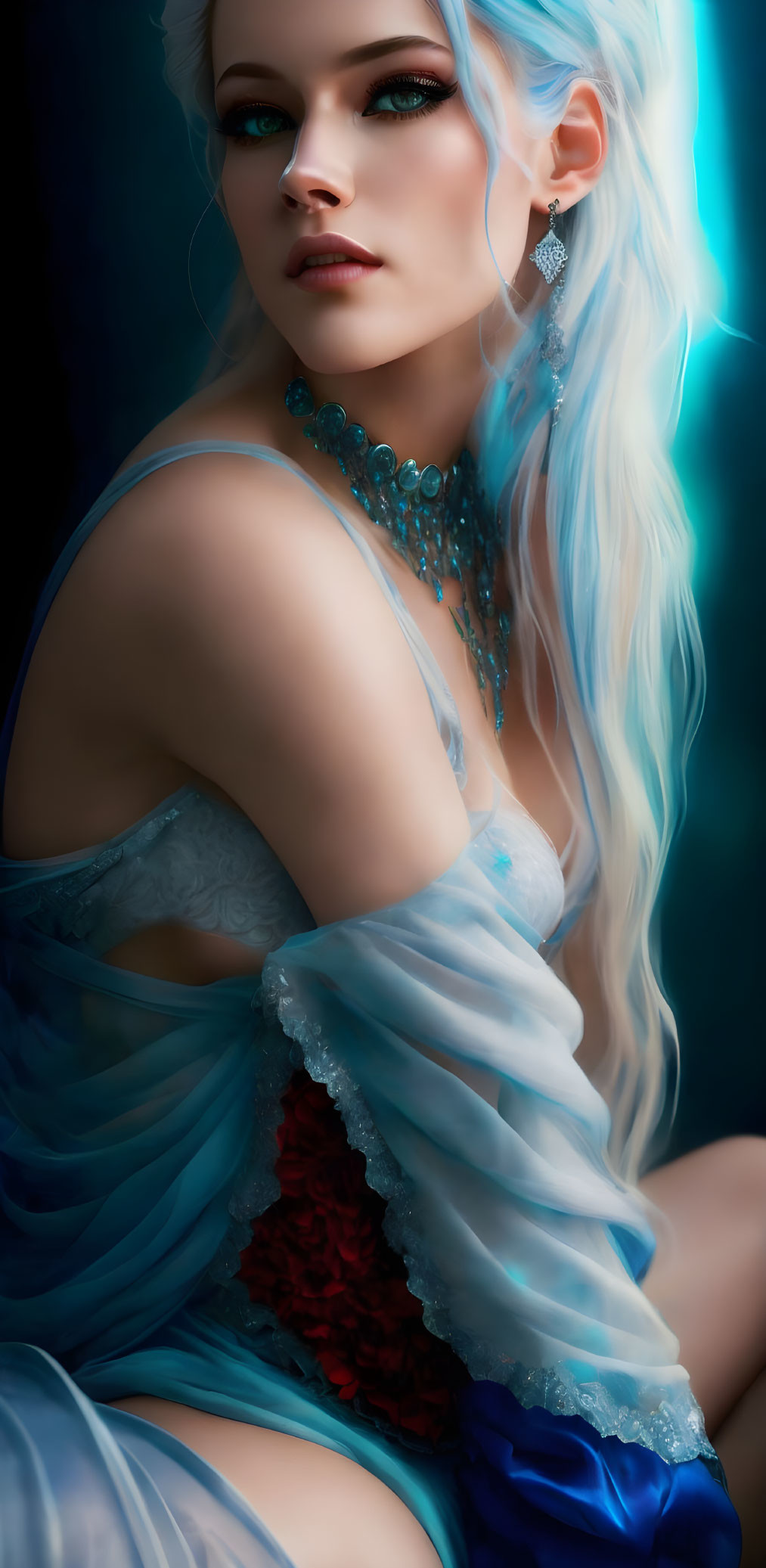 Woman with Long Wavy Pale Blue Hair in Elegant Blue and Red Attire