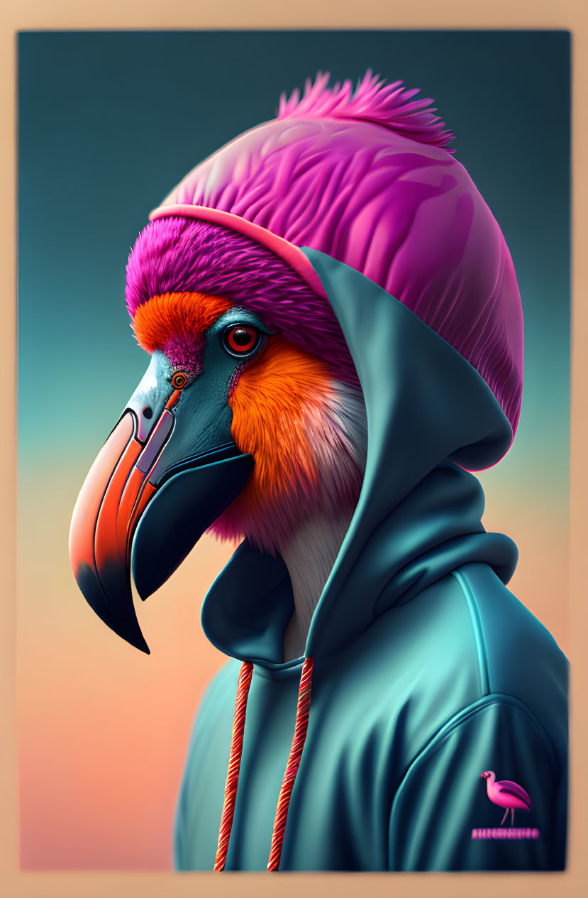 Flamingo head on humanoid body in pink hoodie with emblem