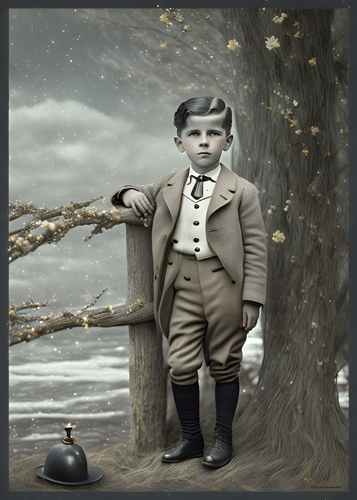 Vintage-style portrait of young boy in formal attire by tree with bellhop's bell, against muted backdrop