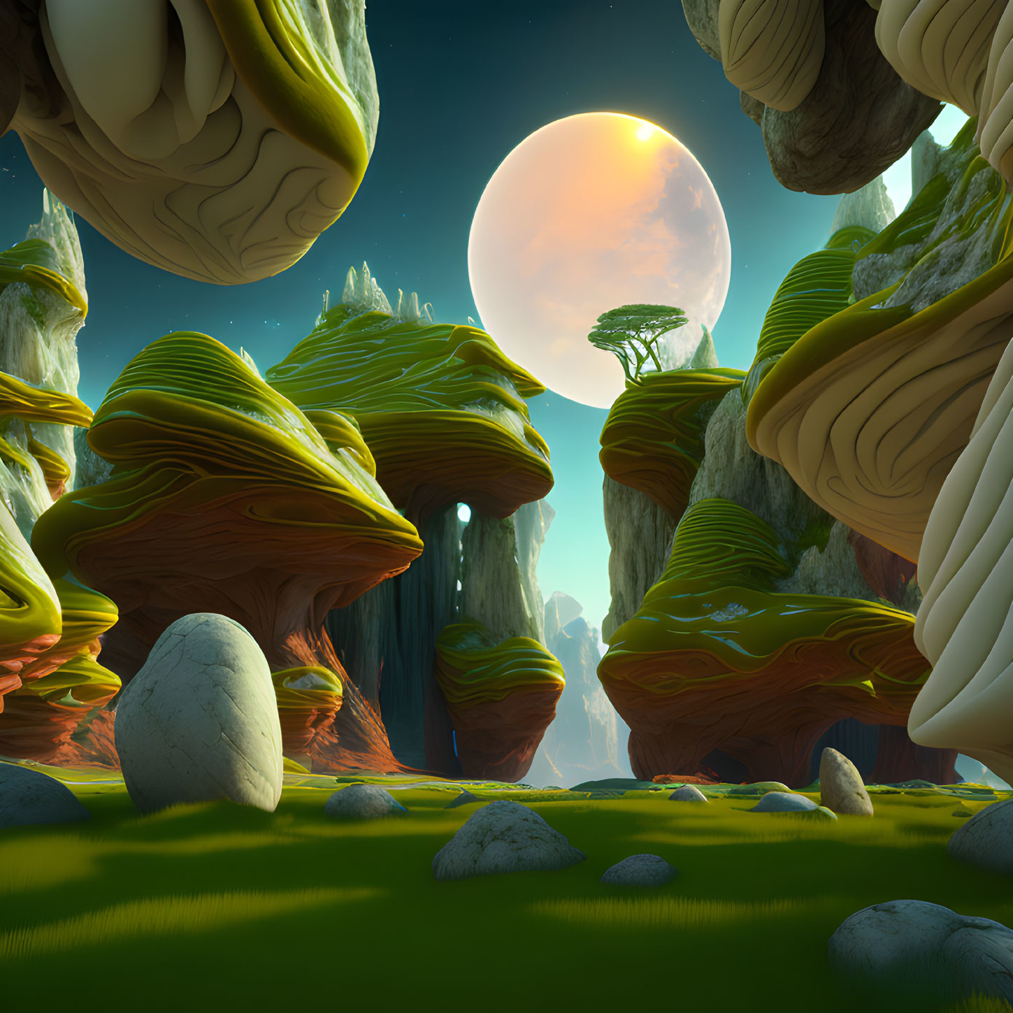 Fantastical landscape with layered rock formations and a large moon in the sky