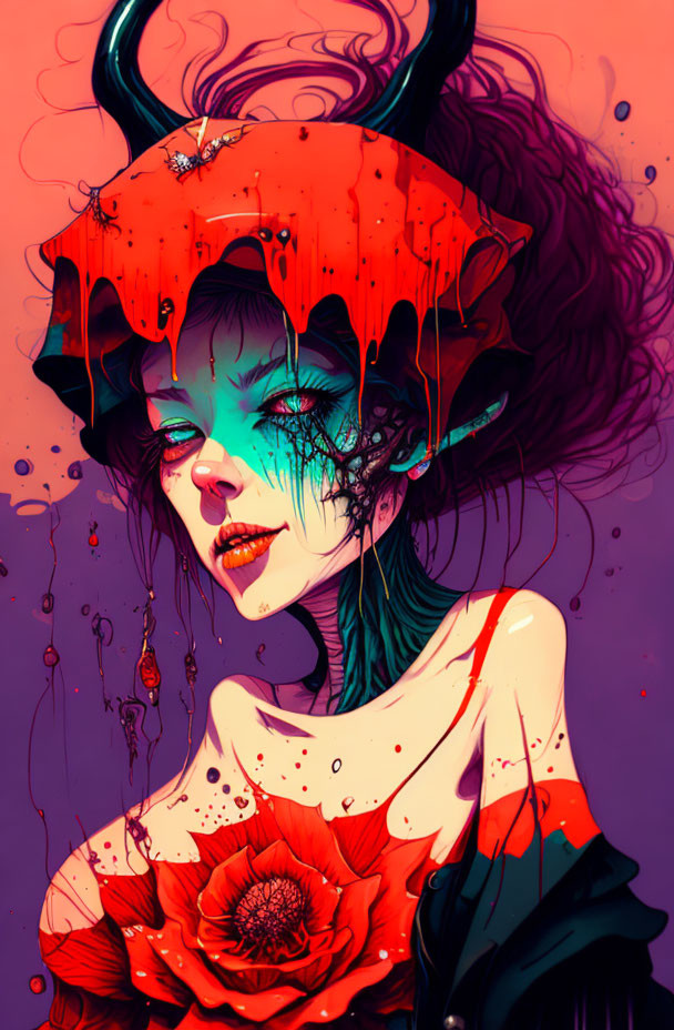 Stylized illustration of woman with horns in vibrant colors